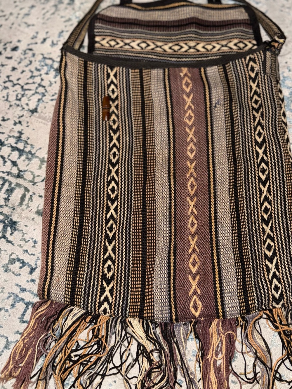 Woven Boho Fringe Shoulder Bag in Brown & Cream